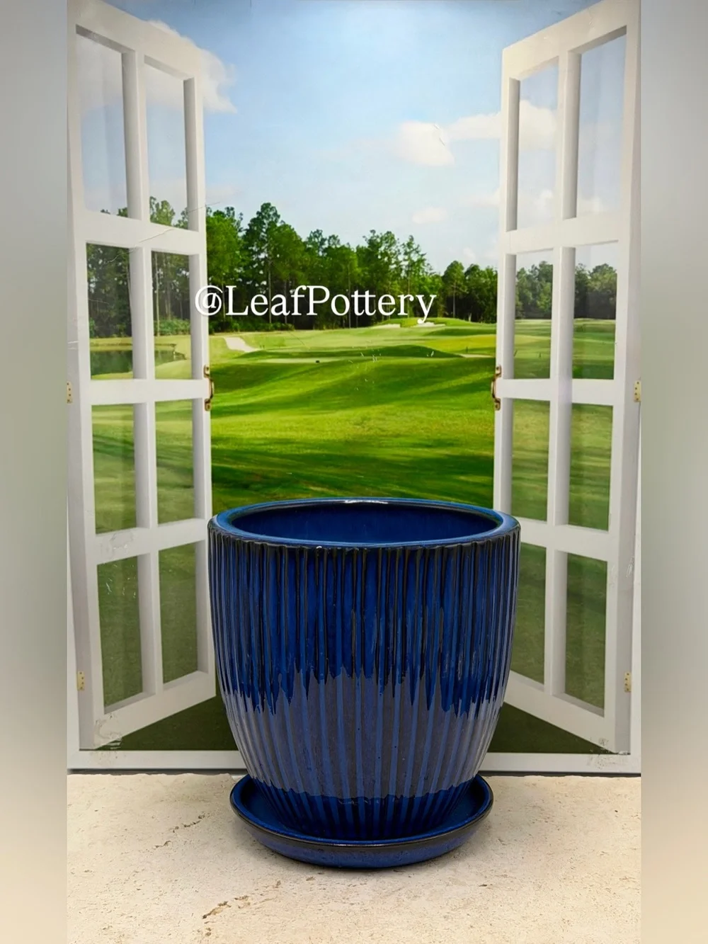 Cobalt Blue Ceramic Planter with Saucer, 7 Inch Rippled Pot with Drainage